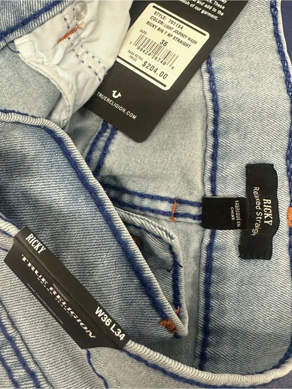 NWT True Religion Men’s Ricky Relaxed Light Wash Jeans - 36 x 34